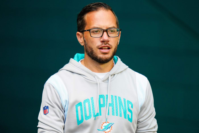 Sep 25, 2022; Miami Gardens, Florida, USA; Miami Dolphins head coach Mike McDaniel enters the field prior to a game against the Buffalo Bills at Hard Rock Stadium. Mandatory Credit: Rich Storry-USA TODAY Sports
